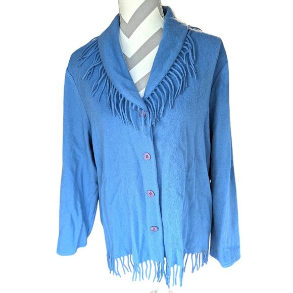 Catherine Stewart for BellPointe Wool Blue Fringe Cardigan Button Up Sweater XL - Picture 1 of 7